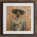 Mallaravan - Tamil Transgender Cowboy Art Print / Canvas Floral Suit Jacket Wide-brimmed Hat Light Blue White Cowboy Spirit’s Queer,