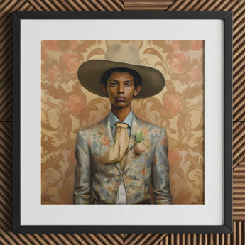 Mallaravan - Tamil Transgender Cowboy Art Print / Canvas Floral Suit Jacket Wide-brimmed Hat Light Blue White Spirit’s Queer, Transman,