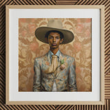 Mallaravan - Tamil Transgender Cowboy Art Print / Canvas Floral Suit Jacket Wide-brimmed Hat Light Blue White Cowboy Spirit’s Queer,