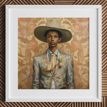 Mallaravan - Tamil Transgender Cowboy Art Print / Canvas Floral Suit Jacket Wide-brimmed Hat Pocket Square Spirit’s Queer, Transman,