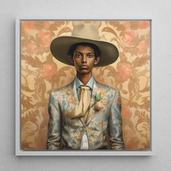 Mallaravan - Tamil Transgender Cowboy Art Print / Canvas Framed Portrait Man Wide-brimmed Beige Hat Floral-patterned Suit Spirit’s Queer,