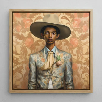 Mallaravan - Tamil Transgender Cowboy Art Print / Canvas Framed Portrait Man Wide-brimmed Beige Hat Ornate Floral-patterned Spirit’s Queer,