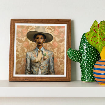 Mallaravan - Tamil Transgender Cowboy Art Print / Canvas Framed Portrait Man Wide-brimmed Hat Patterned Suit Set Spirit’s Queer, Transman,