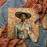 Mallaravan - Tamil Transgender Cowboy Art Print / Canvas Portrait Man Wide-brimmed Hat Patterned Suit Cream-colored Silk Cowboy Spirit’s