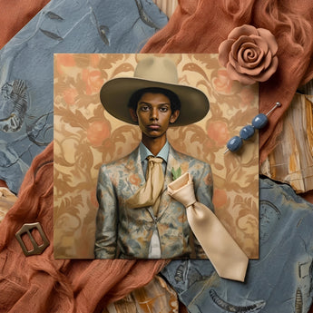 Mallaravan - Tamil Transgender Cowboy Art Print / Canvas Portrait Man Wide-brimmed Hat Patterned Suit Cream-colored Silk Cowboy Spirit’s