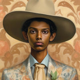 Mallaravan - Tamil Transgender Cowboy Art Print / Canvas Beige Wide-brimmed Hat Floral Patterned Suit Green Leaf Cowboy Spirit’s Queer,