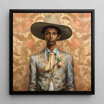 Mallaravan - Tamil Transgender Cowboy Art Print / Canvas 12x12’’ / 31x31cm / Black Frame Framed Portrait Man Wide-brimmed Beige Hat Light