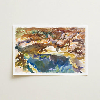 Man and Pool - John Singer Sargent Nude Art Print / Canvas Watercolor Painting Figure Earthy Textured Landscape Reflective, Exploding
