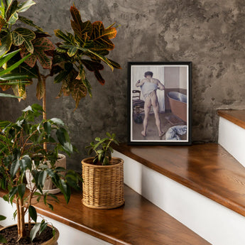 Man at His Bath - Gustave Caillebotte Nude Art Print / Canvas Framed Black White Photograph Wooden Stairs Alongside Potted Gay,
