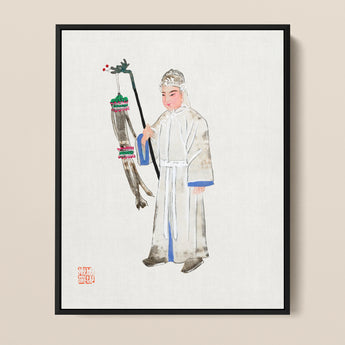Framed Watercolor Painting Traditional Chinese Figure White Robes Qing Dynasty Manchu Fashion, Funerary Traditions, Art