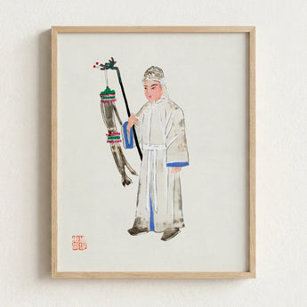 Framed Watercolor Painting Traditional Chinese Figure White Robes Qing Dynasty Manchu Fashion, Funerary Traditions, Art