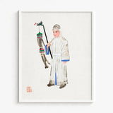 Framed Watercolor Illustration Traditional Chinese Opera Performer White Qing Dynasty Manchu Fashion, Funerary Traditions, Art