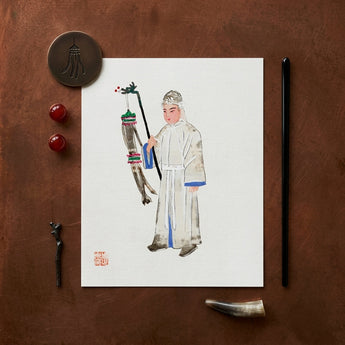 Man in Mourning - Manchu Funereal Fashion Art Print / Canvas Delicate Watercolor Illustration Traditional Chinese Figure White Robes Qing