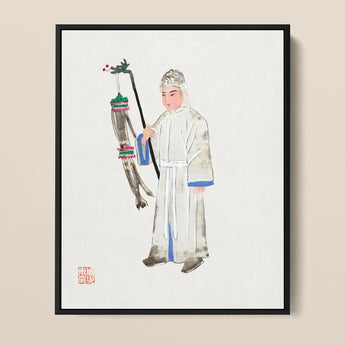 Man in Mourning - Manchu Funereal Fashion Art Print / Canvas Framed Watercolor Painting Traditional Chinese Figure White Robes Qing