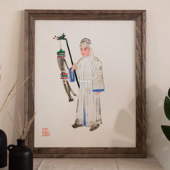 Man in Mourning - Manchu Funereal Fashion Art Print, Framed Painting Figure Traditional Asian Attire Decorative Staff