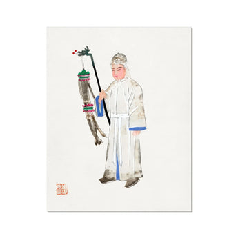 Man in Mourning - Manchu Funereal Fashion Art Print, Traditional Chinese Watercolor Painting Figure White Robes Pole