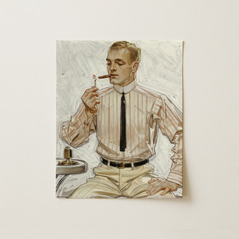 Man with Narrow Tie Cluett Shirts Ad (1910) - J.c. Leyendecker Art Print / Canvas Vintage-style Illustration Striped Shirt Cigar