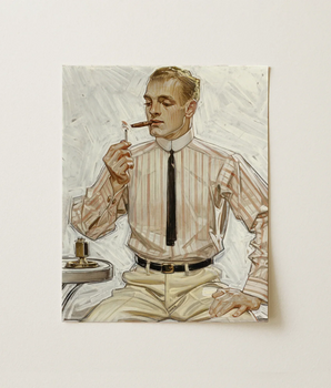 Vintage-style Illustration Print Man Striped Shirt Tie Cigar Narrow, Cluett Shirts, Lit Match Cupped, Held Steady, Young Gentleman Pausing,