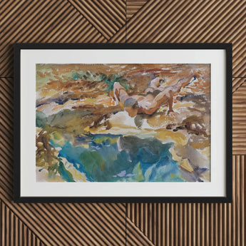Man and Pool - John Singer Sargent Nude Art Print / Canvas Black-framed Watercolor Painting Figure Motion Set Earthy, Exploding