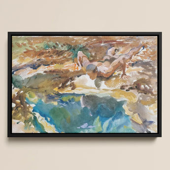 Man and Pool - John Singer Sargent Nude Art Print / Canvas Watercolor Painting Black Frame Two Figures Rocky, Exploding Conventional