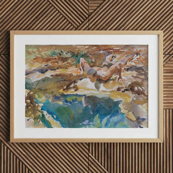 Man and Pool - John Singer Sargent Nude Art Print / Canvas Watercolor Painting Light Wood Frame Figures Water, Exploding Conventional