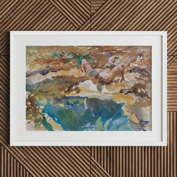 Man and Pool - John Singer Sargent Nude Art Print / Canvas Watercolor Painting White Frame Two Figures Rocky, Exploding Conventional
