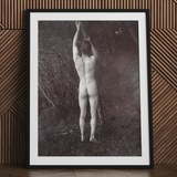 Man Posing Naked Holding Branch of a Tree - Edwin Nichol Fallaize Art Print / Canvas, 24x32’’ / 61x81cm / Black Frame / Matboard, Posters