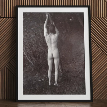 Man Posing Naked Holding Branch of a Tree - Edwin Nichol Fallaize Art Print / Canvas Black-framed Black-and-white Photographic Nude Figure