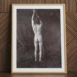 Man Posing Naked Holding Branch of a Tree - Edwin Nichol Fallaize Art Print / Canvas Framed Black-and-white Photographic Nude Male Figure