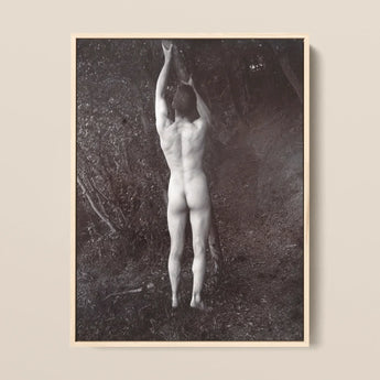 Man Posing Naked Holding Branch of a Tree - Edwin Nichol Fallaize Art Print / Canvas Framed Black-and-white Photographic Nude Male Figure