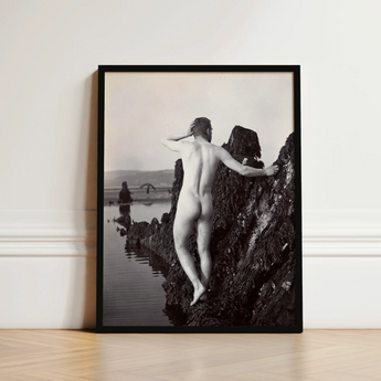 Man Posing Naked on a Rocky Outcrop - Edwin Nichol Fallaize Art Print / Canvas Black-framed Black-and-white Photographic Nude