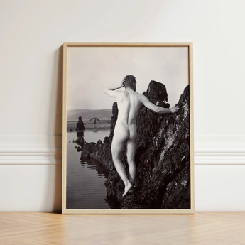 Man Posing Naked on a Rocky Outcrop - Edwin Nichol Fallaize Art Print / Canvas Black-and-white Framed Photograph Nude Terrain Water, Male,
