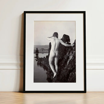 Man Posing Naked on a Rocky Outcrop - Edwin Nichol Fallaize Art Print / Canvas Black-framed Black-and-white Photographic Nude Figure
