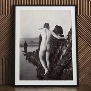 Man Posing Naked on a Rocky Outcrop - Edwin Nichol Fallaize Art Print / Canvas Black-framed Black-and-white Photographic Nude