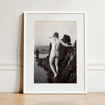 Man Posing Naked on a Rocky Outcrop - Edwin Nichol Fallaize Art Print / Canvas White-framed Black-and-white Photographic Nude Figure