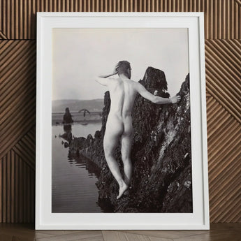 Man Posing Naked on a Rocky Outcrop - Edwin Nichol Fallaize Art Print / Canvas White-framed Black-and-white Photographic Nude Male Figure