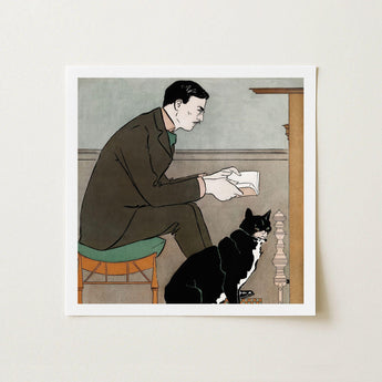 Man Reading a Book - Edward Penfield Art Print / Canvas, Amber-orange Chair, Penfield’s, Olive-brown Sack Suit, Bent, Forward, Tuxedo Cat
