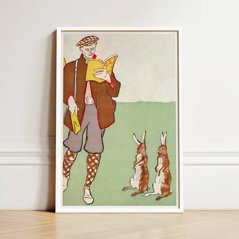 Man Reading a Book with Hares - Edward Penfield Art Print / Canvas Framed Illustration Brown Attire Two Rabbits Rendered, Queer Coding
