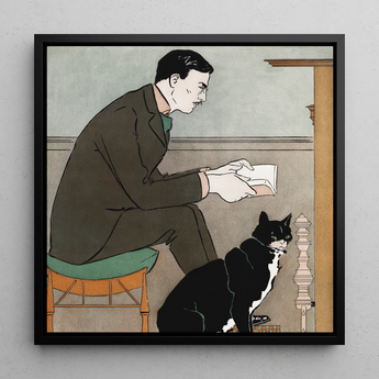 Man Reading a Book - Edward Penfield Art Print / Canvas, 12x12’’ / 31x31cm / Black Frame, Posters Prints & Visual Artwork, Toby Leon