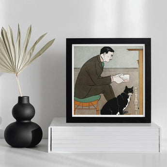 Man Reading a Book - Edward Penfield Art Print / Canvas Black-framed Artwork Brown Suit Black-and-white Cat, Amber-orange Chair,
