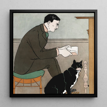 Man Reading a Book - Edward Penfield Art Print / Canvas Black-framed Square Dark Suit Black, Amber-orange Chair, Penfield’s, Olive-brown