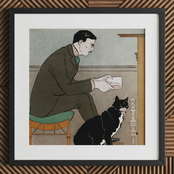 Man Reading a Book - Edward Penfield Art Print / Canvas Black White Cat Illustration Frame Mat, Amber-orange Chair, Penfield’s, Olive-brown