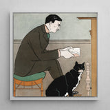 Man Reading a Book - Edward Penfield Art Print / Canvas Framed Illustration Dark Suit Black White Cat, Amber-orange Chair, Penfield’s,