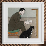 Man Reading a Book - Edward Penfield Art Print / Canvas White-framed Illustration Brown Suit Black White Cat, Amber-orange Chair,