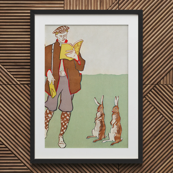 Man Reading a Book with Hares - Edward Penfield Art Print / Canvas, 20x30’’ / 51x76cm / Black Frame / Matboard, Posters Prints & Visual