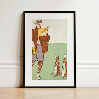 Man Reading a Book with Hares - Edward Penfield Art Print / Canvas, 12x18’’ / 31x46cm / Black Frame / Matboard, Posters Prints & Visual