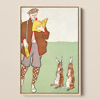 Man Reading a Book with Hares - Edward Penfield Art Print / Canvas, 12x18’’ / 31x46cm / Natural Frame, Posters Prints & Visual Artwork,