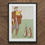 Man Reading a Book with Hares - Edward Penfield Art Print / Canvas Framed Illustration Brown Coat Patterned Hat Yellow, Queer Coding Meets