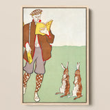 Man Reading a Book with Hares - Edward Penfield Art Print / Canvas Framed Illustration Man Period Attire Two Rabbits Rendered Edward