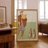 Man Reading a Book with Hares - Edward Penfield Art Print / Canvas Framed Illustration Person Vintage Attire Two Rabbits, Queer Coding